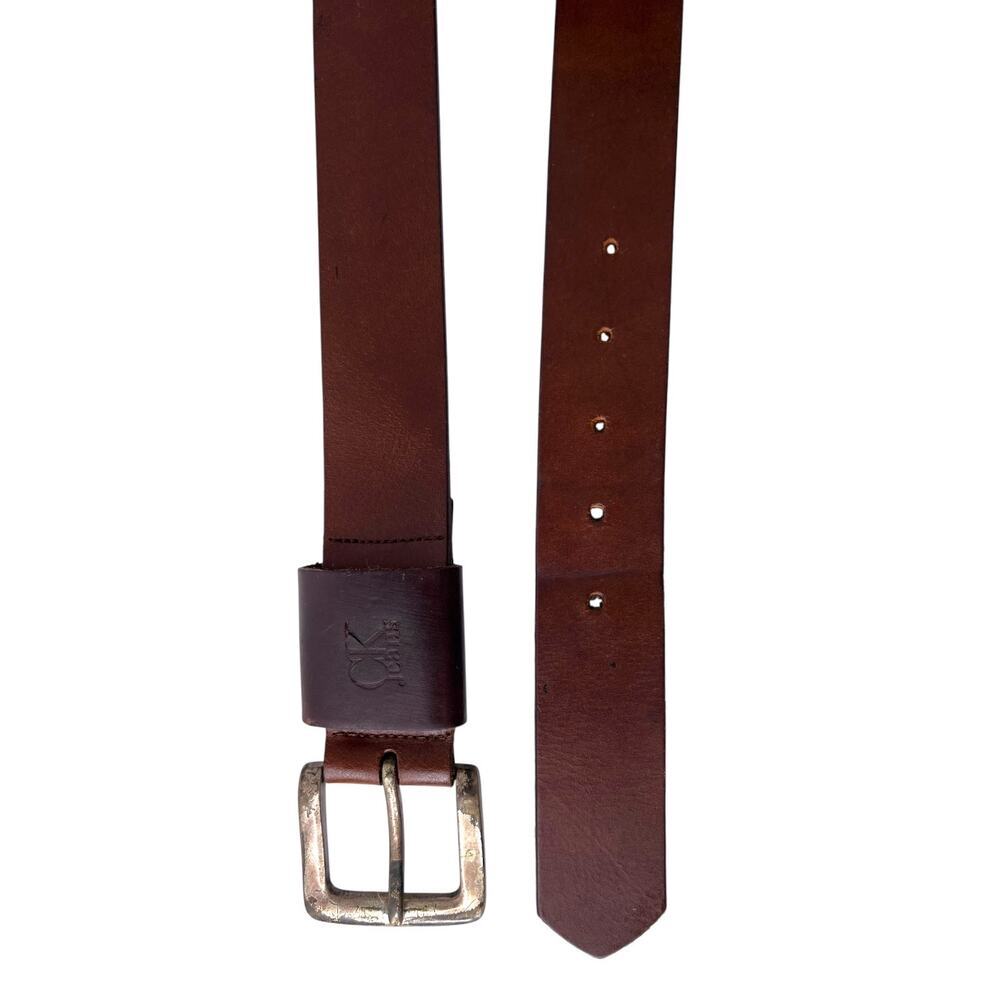 Y2K CK Jeans Genuine Brown Leather Belt Distressed Buckle Classic Casual Mens 30